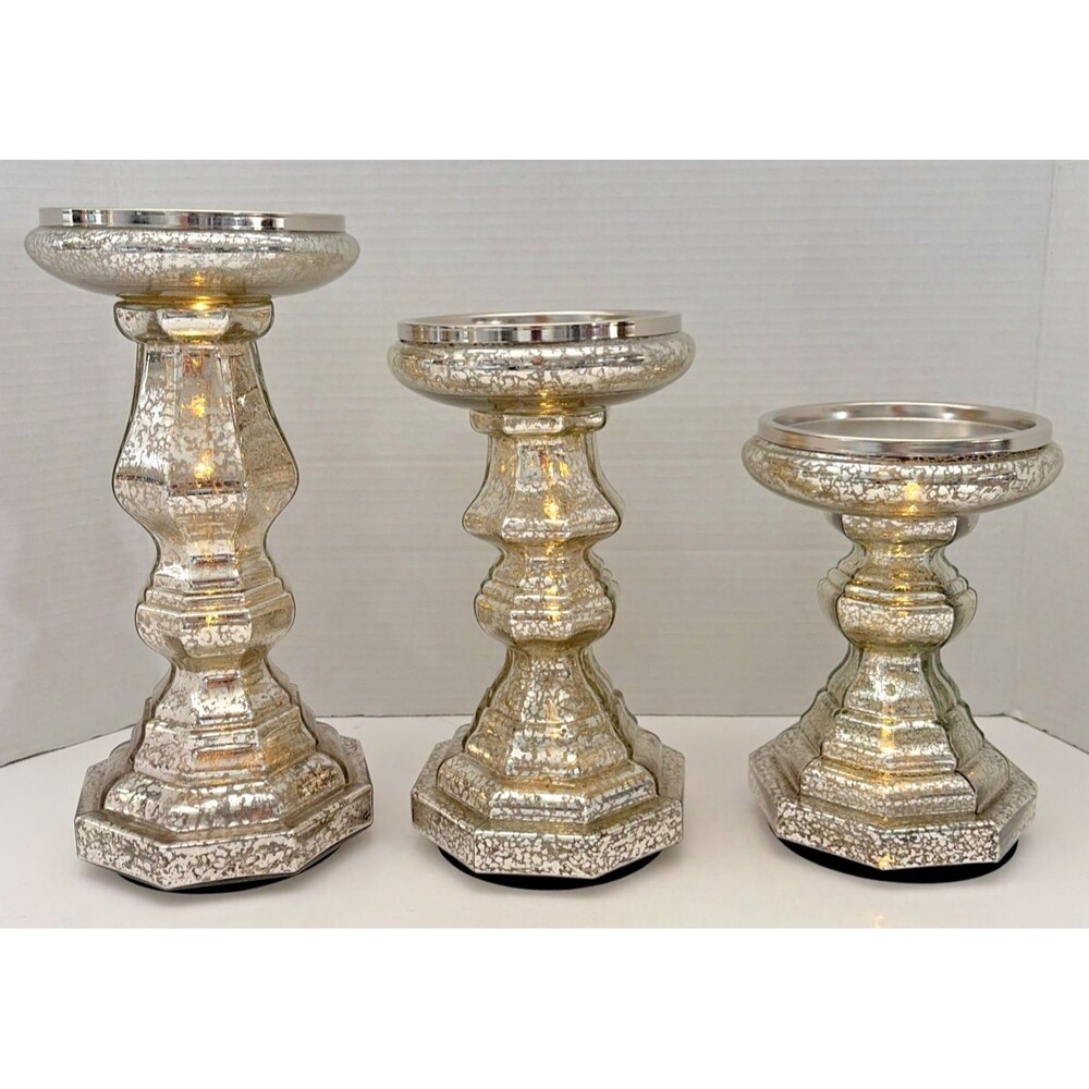 Valerie Parr Hill QVC Set of 3 Silver Illuminated Mercury Glass Pedestals